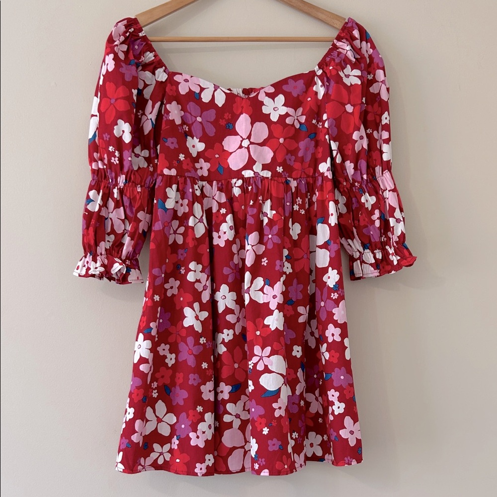 Fore Boho Red Floral Babydoll Dress Large Sweetheart Puff Sleeve 100% Cotton - Picture 2 of 9